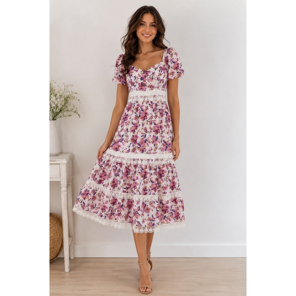 Adelyn Rae Women's Floral Lace Trim Midi Dress Pink White Puff Sleeve Size Small - Picture 1 of 7